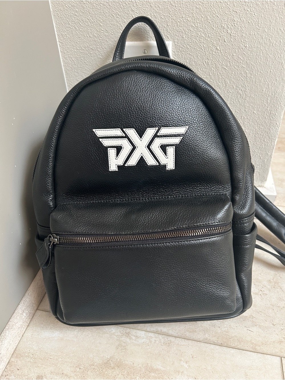 PXG Black Leather Mini Backpack with White Logo